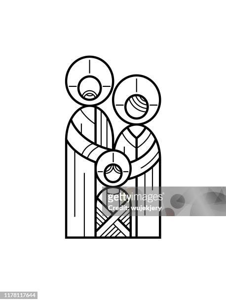 heilige familie, jesus als kind mit maria und josef - lineare illustration, ikone - holy family jesus mary and joseph stock-grafiken, -clipart, -cartoons und -symbole