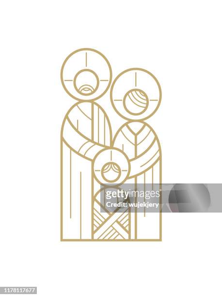 神聖的家庭，耶穌作為一個孩子與瑪麗和約瑟 - 線性插圖，圖示 - catholic church christmas 幅插畫檔、美工圖案、卡通及圖標