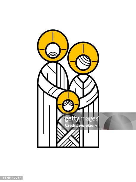 ilustrações de stock, clip art, desenhos animados e ícones de holy family, jesus as a child with mary and joseph - linear illustration, icon - childbirth