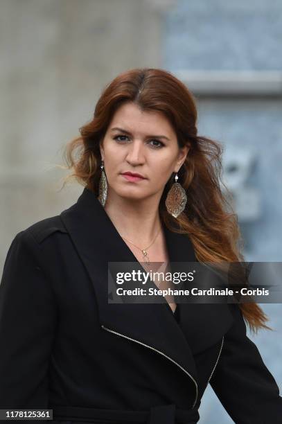 Marlene Schiappa arrives to attend a church service for former French President Jacques Chirac at Eglise Saint-Sulpice on September 30, 2019 in...