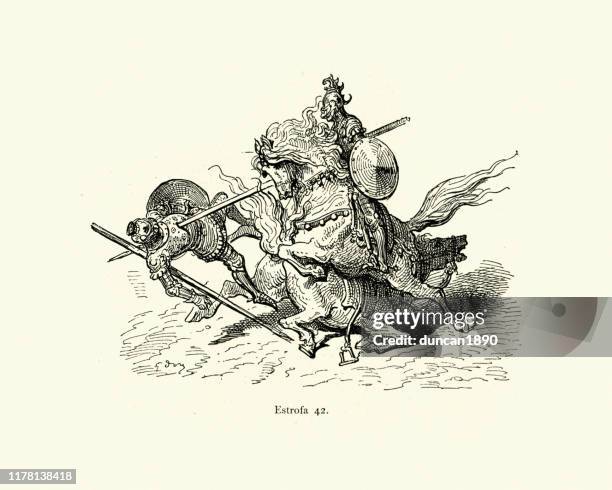 knights fighting with lances - jousting lance stock illustrations