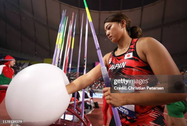 Yuka Sato of Japan prepares to compete in the Women's Javelin qualification during day four of 17th IAAF World Athletics Championships Doha 2019 at...