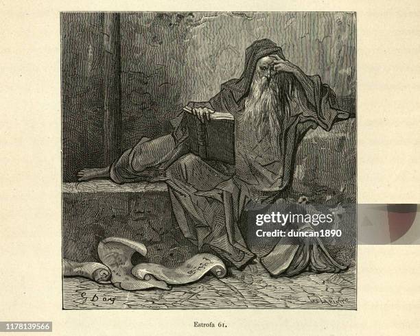 merlin reading books on magic. orlando furioso - merlin the wizard stock illustrations