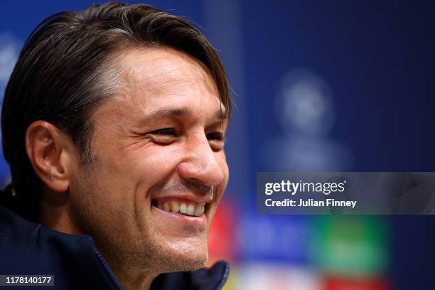 Niko Kovac, Manager of Bayern Muenchen speaks with the media during the Bayern Muenchen Press Conference ahead of the UEFA Champions League group B...