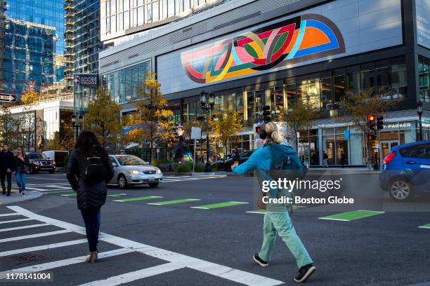 Frank Stella's mural reproduction of his 1970 painting, "Damascus Gate ", is seen along Seaport Boulevard in Boston on Oct. 24, 2019.