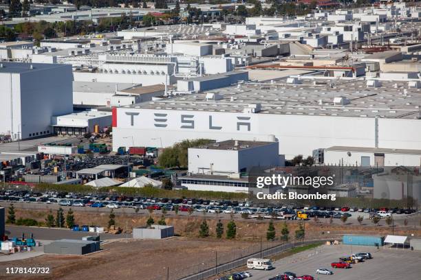 The Tesla Inc. Assembly plant stands in this aerial photograph taken above Fremont, California, U.S., on Wednesday, Oct. 23, 2019. Tesla shares are...