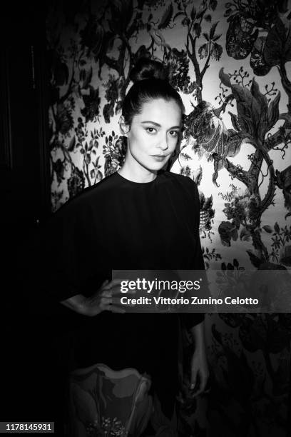 This image has been converted in black and white] Actress Valeria Bilello poses at Hotel Costes on September 29, 2019 in Paris, France.