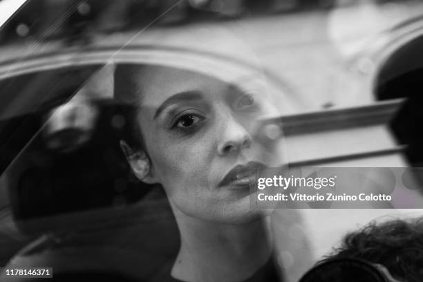 This image has been converted in black and white] Actress Valeria Bilello poses at Hotel Costes on September 29, 2019 in Paris, France.