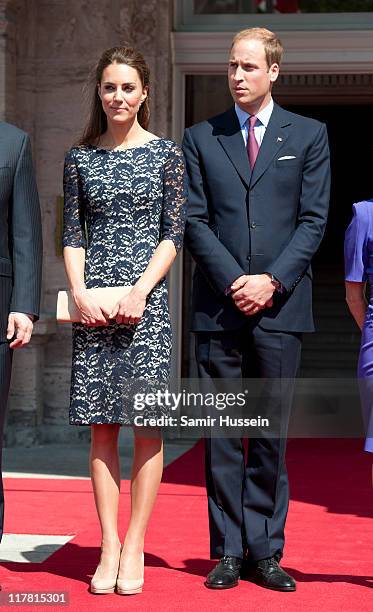 Prince William, Duke of Cambridge and Catherine, Duchess of Cambridge attend an official welcoming ceremony at Rideau Hall on day 1 on the Royal...