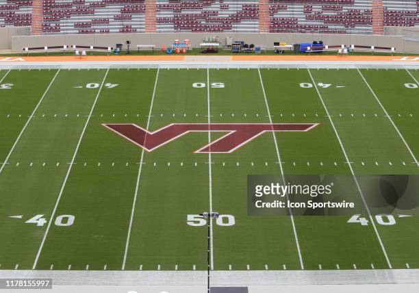 Logo painted on Worsham Field prior to the game between the Rhode Island Rams and the Virginia Tech Hokies on October 12 at Lane Stadium on Worsham...