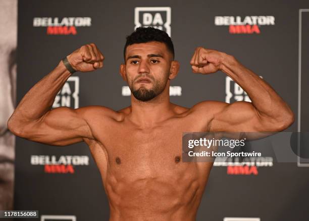 Douglas Lima poses for photos at the weigh-in for the Bellator 232 weigh-in on October 25 at the Mohegan Sun Arena in Mashantucket, Connecticut.