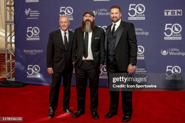 Brandon Bailey, Mike Rathke, and Billy Chapin on the red carpet for the 50th Annual GMA Dove Awards at Allen Arena, Lipscomb University on October...