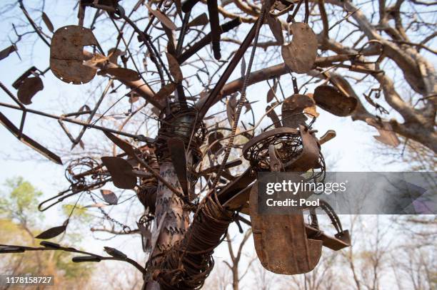 General view of a tree sculpture made of recovered poacher's snares in Liwonde National Park as Prince Harry, Duke of Sussex dedicates Liwonde...