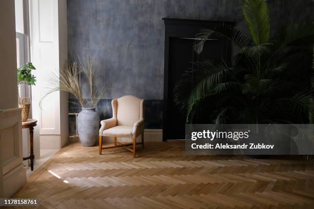 the interior of the living room with a beige armchair and a vase by the window and a palm tree near the door. - modern minimal living room stock-fotos und bilder