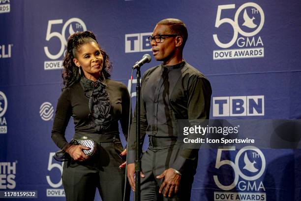 Kirk Franklin, winner of Contemporary Gospel Recorded Song of the Year, is answering questions in the Press Room at the 50th Annual GMA Dove Awards...