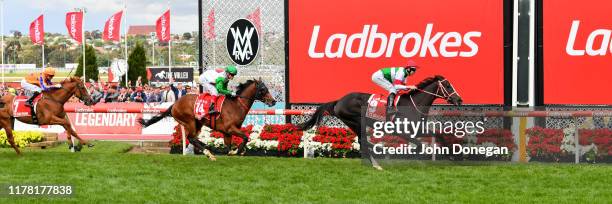 Lys Gracieux ridden by Damian Lane wins the Ladbrokes Cox Plate ,at Moonee Valley Racecourse on October 26, 2019 in Moonee Ponds, Australia.