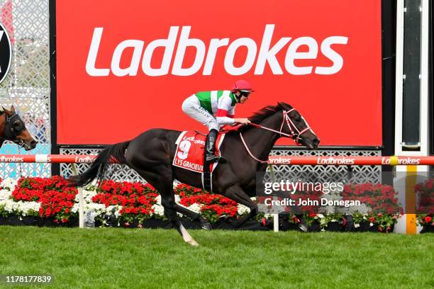 Lys Gracieux ridden by Damian Lane wins the Ladbrokes Cox Plate ,at Moonee Valley Racecourse on October 26, 2019 in Moonee Ponds, Australia.