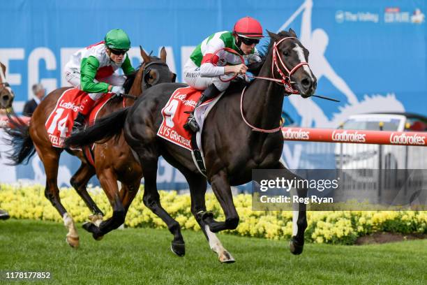 Lys Gracieux ridden by Damian Lane wins the Ladbrokes Cox Plate ,at Moonee Valley Racecourse on October 26, 2019 in Moonee Ponds, Australia.