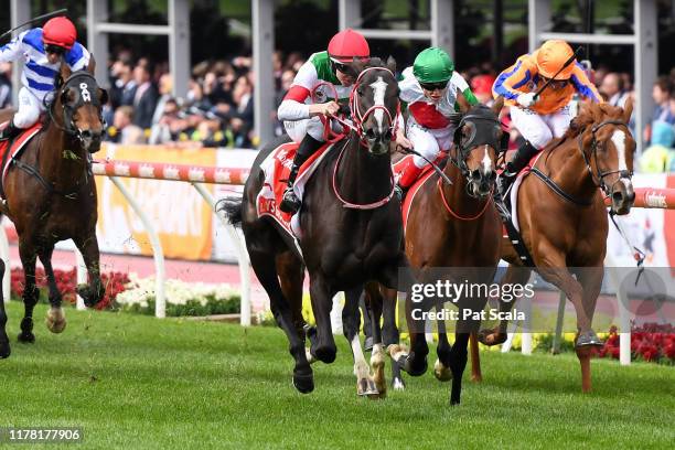 Lys Gracieux ridden by Damian Lane wins the Ladbrokes Cox Plate ,at Moonee Valley Racecourse on October 26, 2019 in Moonee Ponds, Australia.