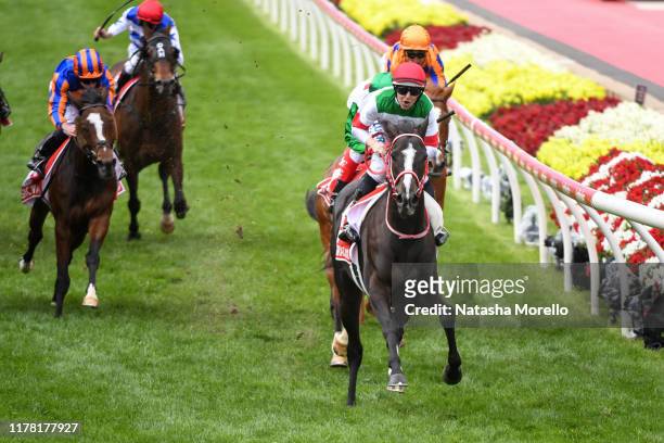 Lys Gracieux ridden by Damian Lane wins the Ladbrokes Cox Plate ,at Moonee Valley Racecourse on October 26, 2019 in Moonee Ponds, Australia.