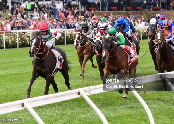 Lys Gracieux ridden by Damian Lane wins the Ladbrokes Cox Plate ,at Moonee Valley Racecourse on October 26, 2019 in Moonee Ponds, Australia.