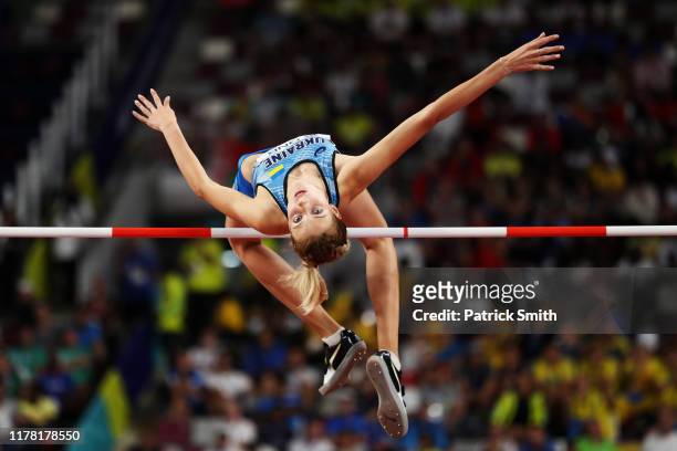 Yaroslava Mahuchikh of Ukraine competes in the Women's High Jump final during day four of 17th IAAF World Athletics Championships Doha 2019 at...