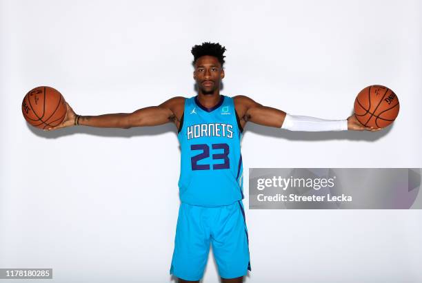 Kobi Simmons of the Charlotte Hornets poses for a portrait during Charlotte Hornets Media Day at Spectrum Center on September 30, 2019 in Charlotte,...