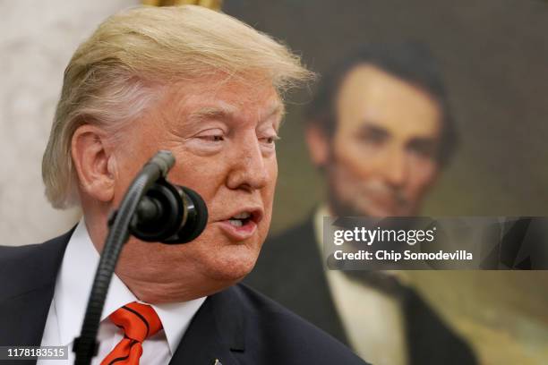 President Donald Trump delivers remarks during the ceremonial swearing in of Labor Secretary Eugene Scalia in the Oval Office at the White House...