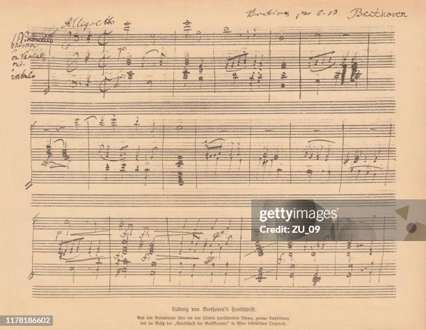 illustrations, cliparts, dessins animés et icônes de manuscrit manuscrit de ludwig van beethoven, fac-similé, publié en 1885 - partition musicale