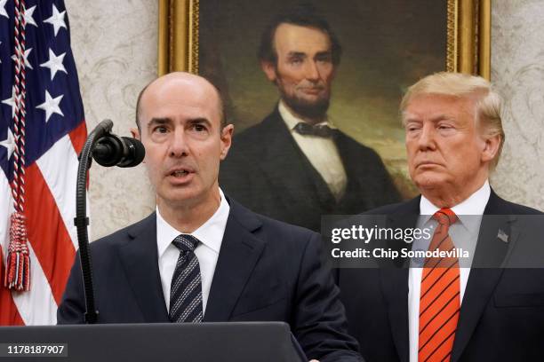 Labor Secretary Eugene Scalia delivers remarks before his ceremonial swearing in with President Donald Trump in the Oval Office at the White House...