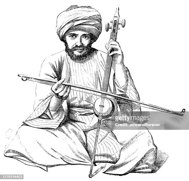 musician playing a kamancheh bowed string instrument in iran - ottoman empire 19th century - persian culture stock illustrations