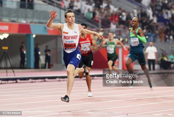 Karsten Warholm of Norway competes in the Men's 400 metres hurdles final during day four of 17th IAAF World Athletics Championships Doha 2019 at...