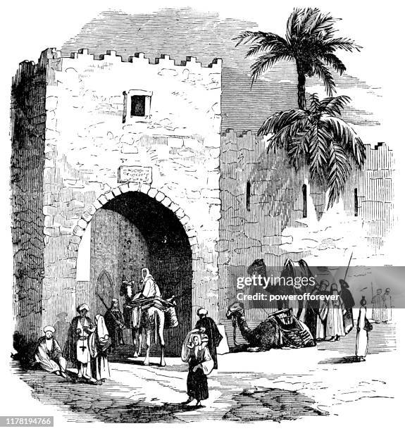 ilustrações de stock, clip art, desenhos animados e ícones de old city gate in beirut, lebanon - ottoman empire 19th century - porta da cidade