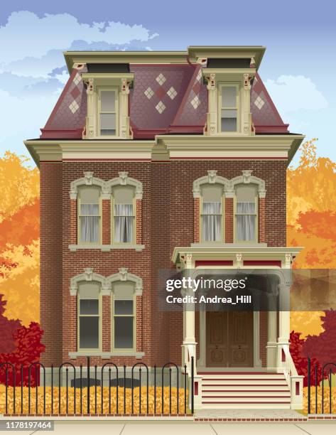 victorian house in the fall - front steps stock illustrations