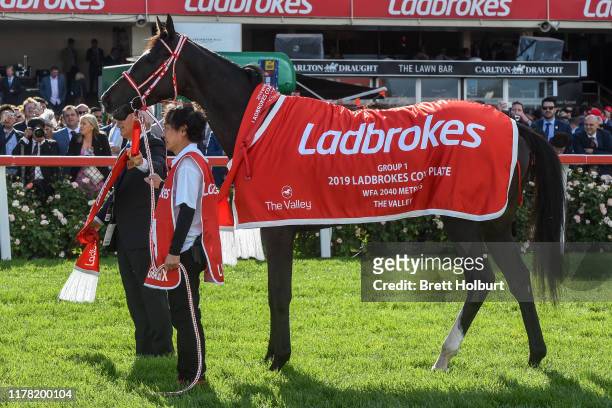 Lys Gracieux after winning the Ladbrokes Cox Plate ,at Moonee Valley Racecourse on October 26, 2019 in Moonee Ponds, Australia.