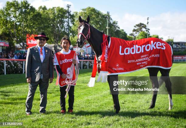 Trainer Yoshito Yahagi with Lys Gracieux after winning the Ladbrokes Cox Plate at Moonee Valley Racecourse on October 26, 2019 in Moonee Ponds,...