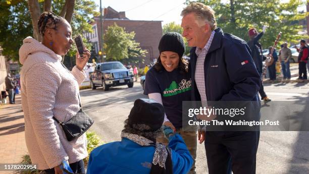 Former Gov. Terry McAuliffe of Virginia urges Colthilda Hill and Dorothy Leech to vote for Sheila Bynum-Coleman during the Virginia State University...