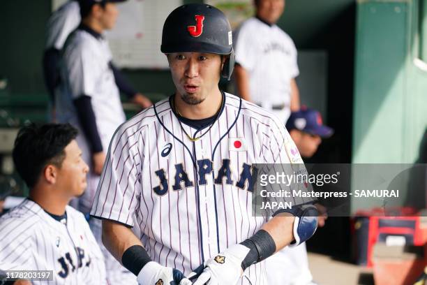 Shuta Tonosaki of Japan is seen during the practice game between Samurai Japan and Orix Buffaloes at San Marine Stadium on October 26, 2019 in...