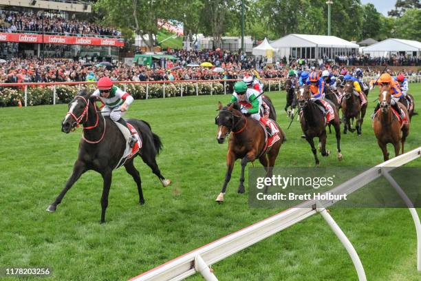 Lys Gracieux ridden by Damian Lane wins the Ladbrokes Cox Plate ,at Moonee Valley Racecourse on October 26, 2019 in Moonee Ponds, Australia.