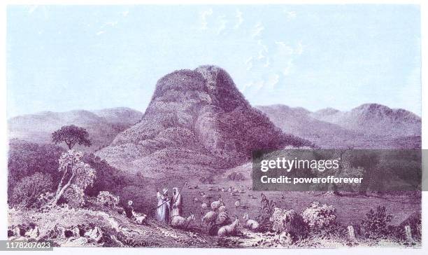 mount tabor in lower galilee, israel - ottoman empire 19th century - mount tabor stock illustrations