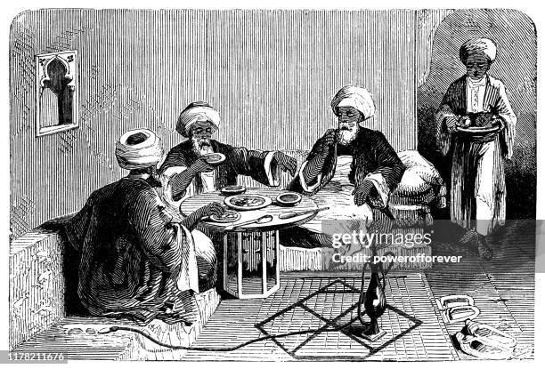 men at a restaurant in sidon, lebanon - ottoman empire 19th century - ottoman empire stock illustrations