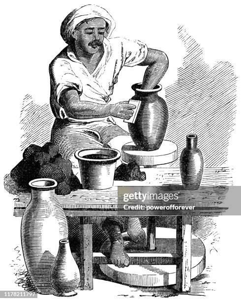 stockillustraties, clipart, cartoons en iconen met potter met behulp van een potters wiel in jaffa, israël-ottomaanse rijk 19e eeuw - ottoman empire