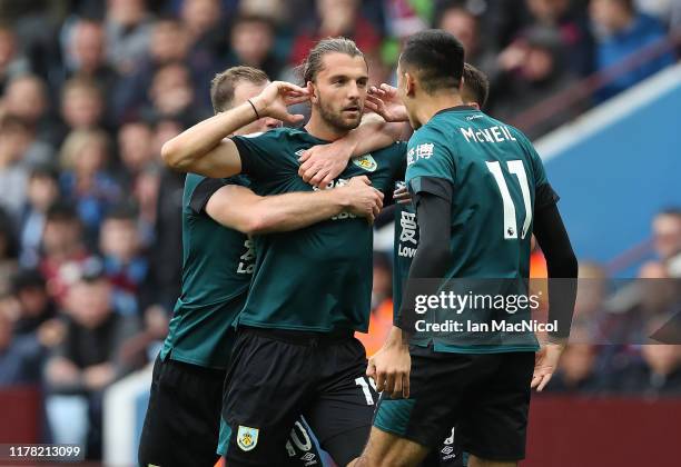 Jay Rodriguez of Burnley celebrates scoring his team's opening goal during the Premier League match between Aston Villa and Burnley FC at Villa Park...