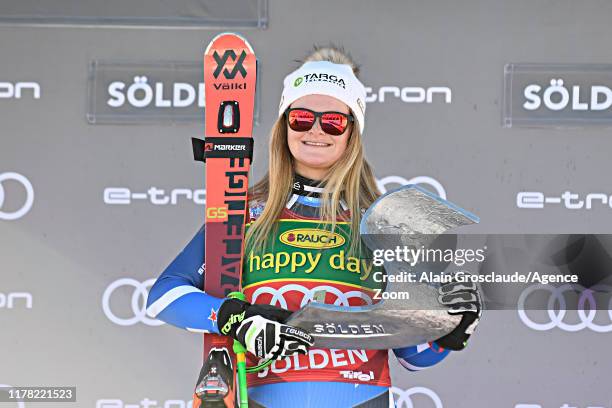 Alice Robinson of New Zealand takes 1st place during the Audi FIS Alpine Ski World Cup Women's Giant Slalom on October 26, 2019 in Soelden, Austria.