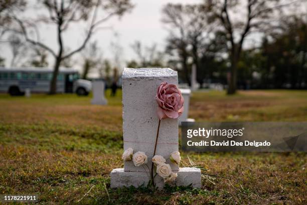 Flowers are laid at a burial marker on Hart Island, a former prison and Nike missile silo site which is now the largest public burial ground in the...