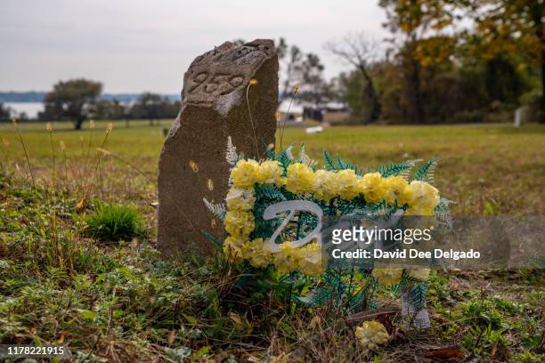 Flowers are laid at a burial marker on Hart Island, a former prison and Nike missile silo site which is now the largest public burial ground in the...