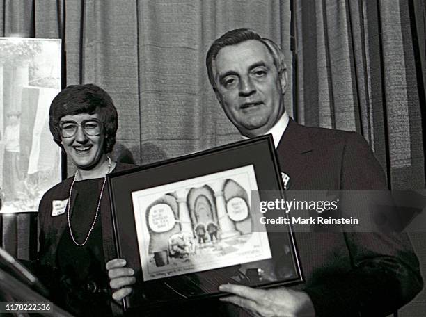 The Democratic presidential candidate, former United States Vice President Walter Mondale, right, is introduced at a fundraising rally by NOW...