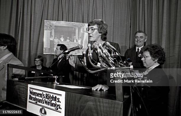 The Democratic presidential candidate, former United States Vice President Walter Mondale, right, is introduced at a fundraising rally by NOW...
