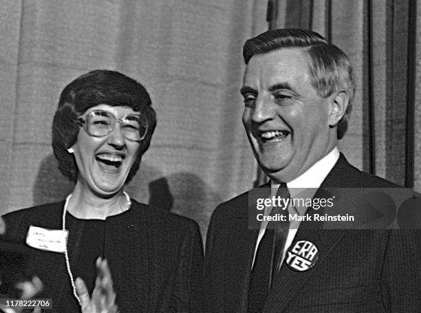 The Democratic presidential candidate, former United States Vice President Walter Mondale, right, is introduced at a fundraising rally by NOW...