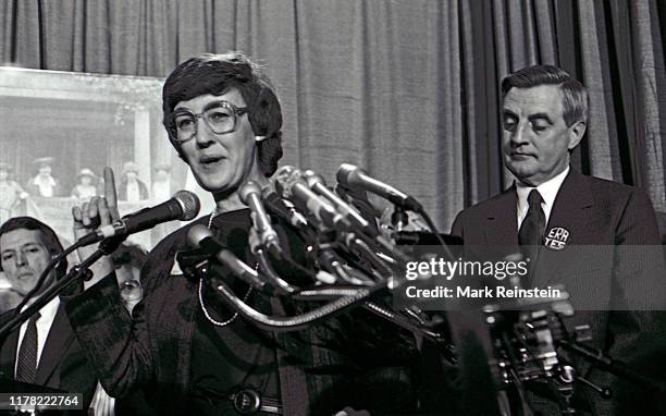 The Democratic presidential candidate, former United States Vice President Walter Mondale, right, is introduced at a fundraising rally by NOW...